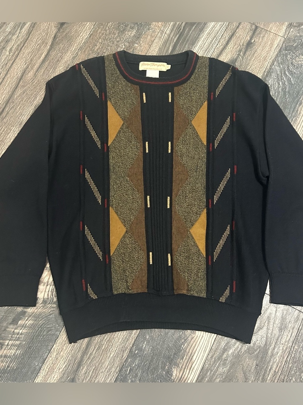 Vintage Norm Thompson Wool Blend Geometric Crewneck Sweater Men Large Navy Tan